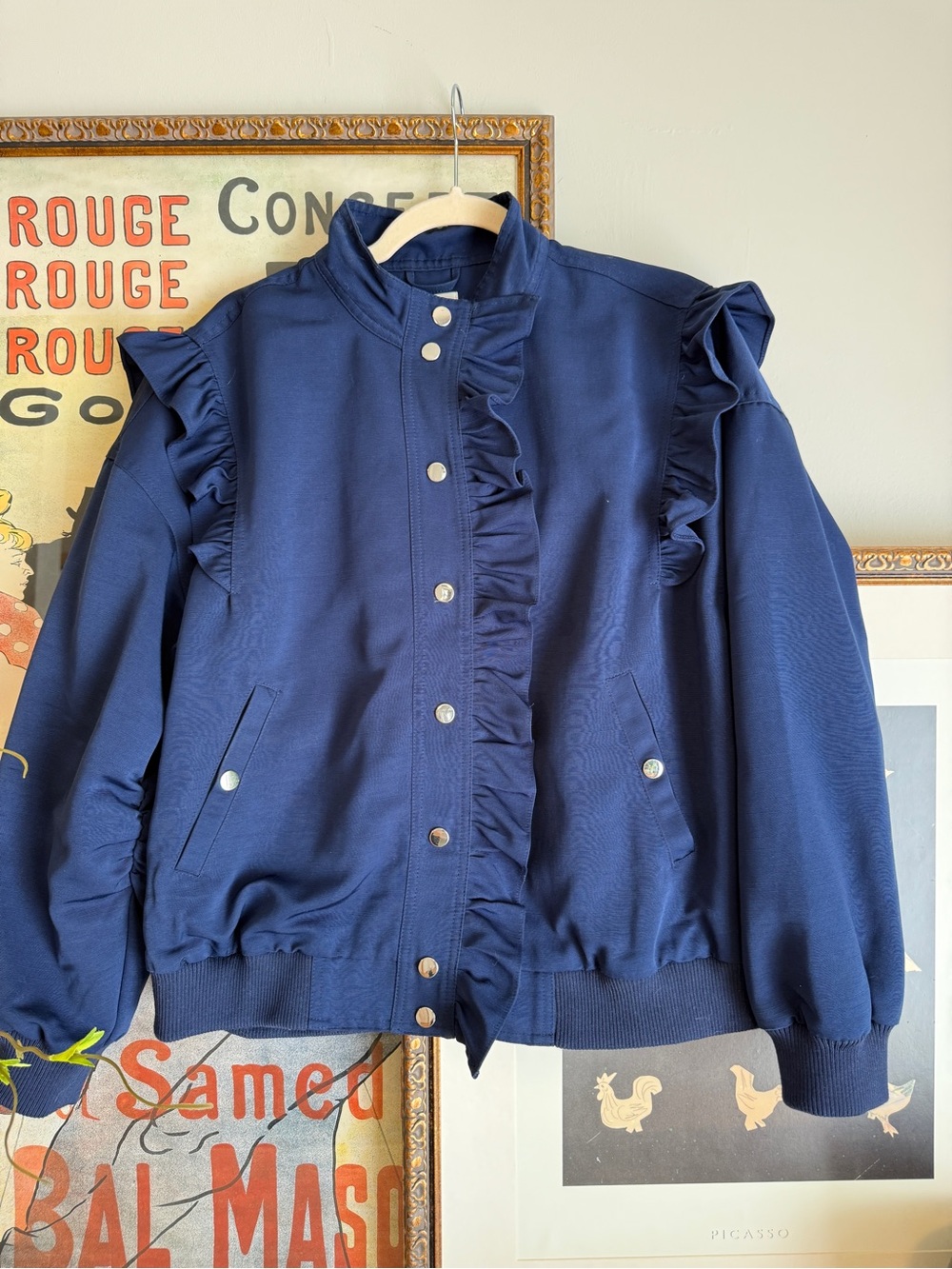Maeve Navy Ruffle-Trim Oversized Bomber Jacket